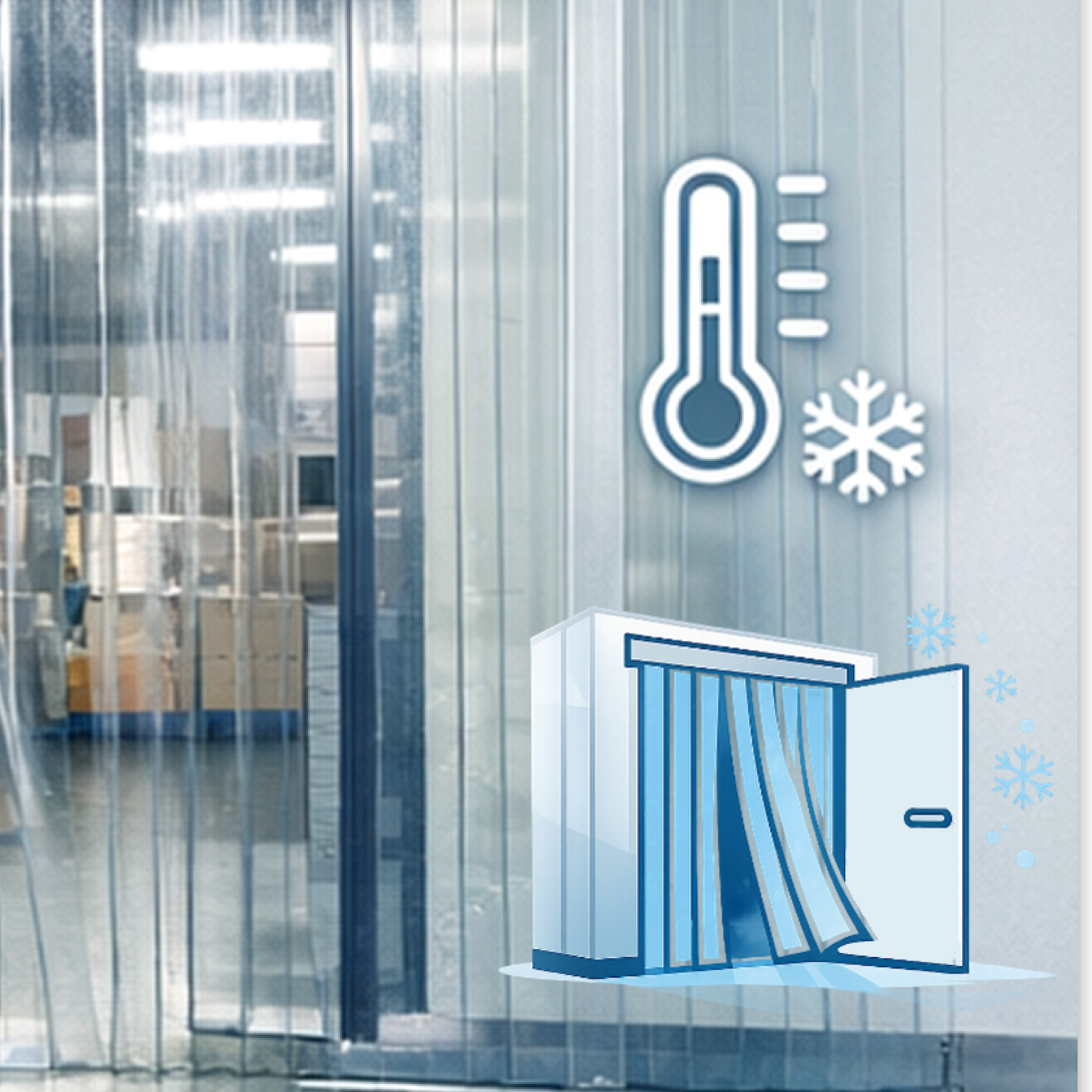 Energiesparen mit einem Streifenvorhang bei einer Kühlzelle Tiefkühlzelle, der Streifenvorhang bewahrt die richtige Temperatur