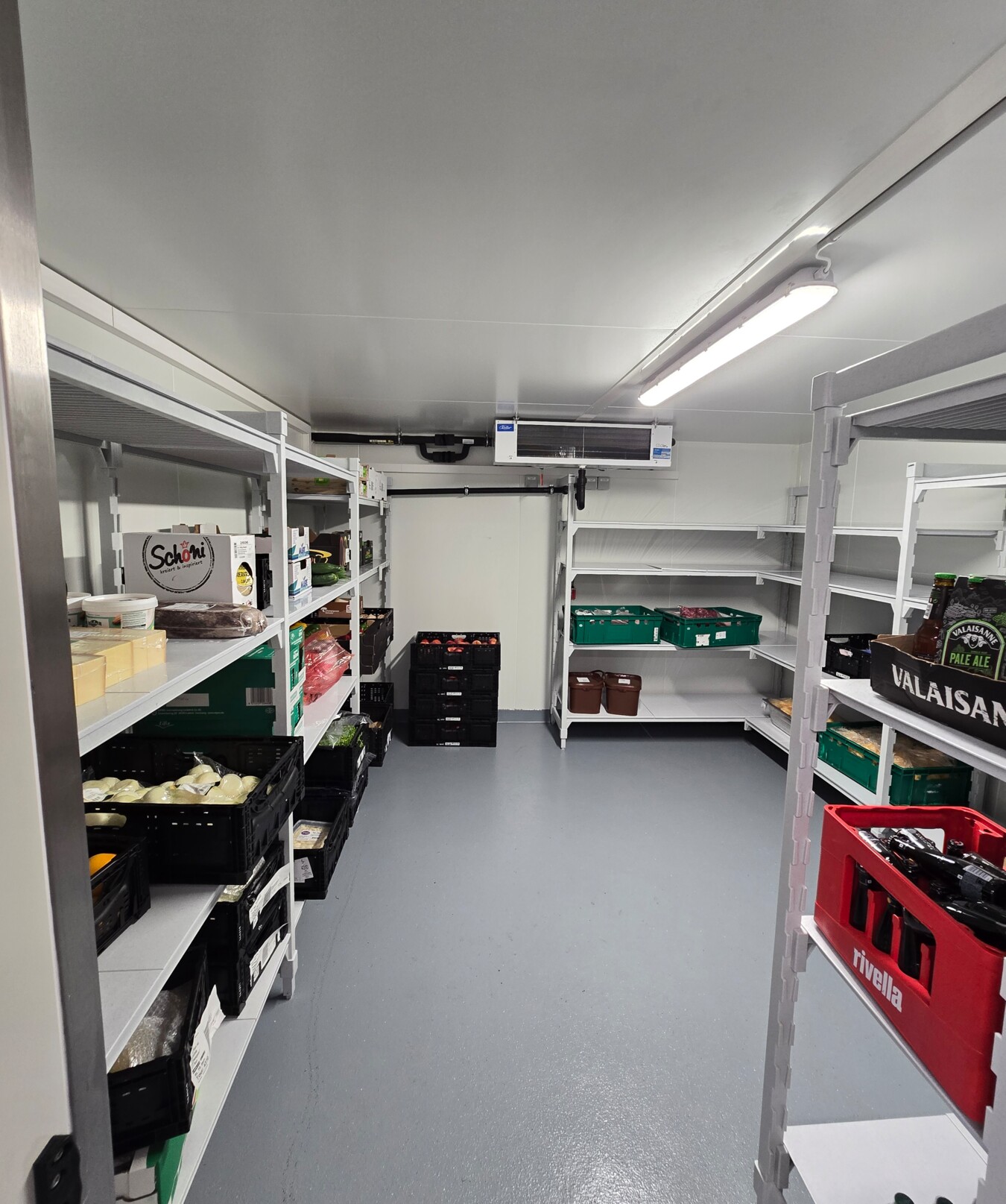 Modernisierter Kühlraum im Hotelbetrieb mit Regalen, Beleuchtung und installierter Deckenkälte.