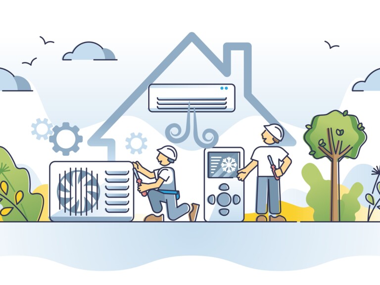 Eine gezeichnete Illustration von zwei Kältemonteuren die vor einem Haus an einem Aussergerät arbeiten. Ausserdem sind eine Klimaanlage und einige Bäume und Wolken zu erkennen. Eine gezeichnete Illustration von zwei Kältemonteuren die vor einem Haus an einem Aussergerät arbeiten. Ausserdem sind eine Klimaanlage und einige Bäume und Wolken zu erkennen.