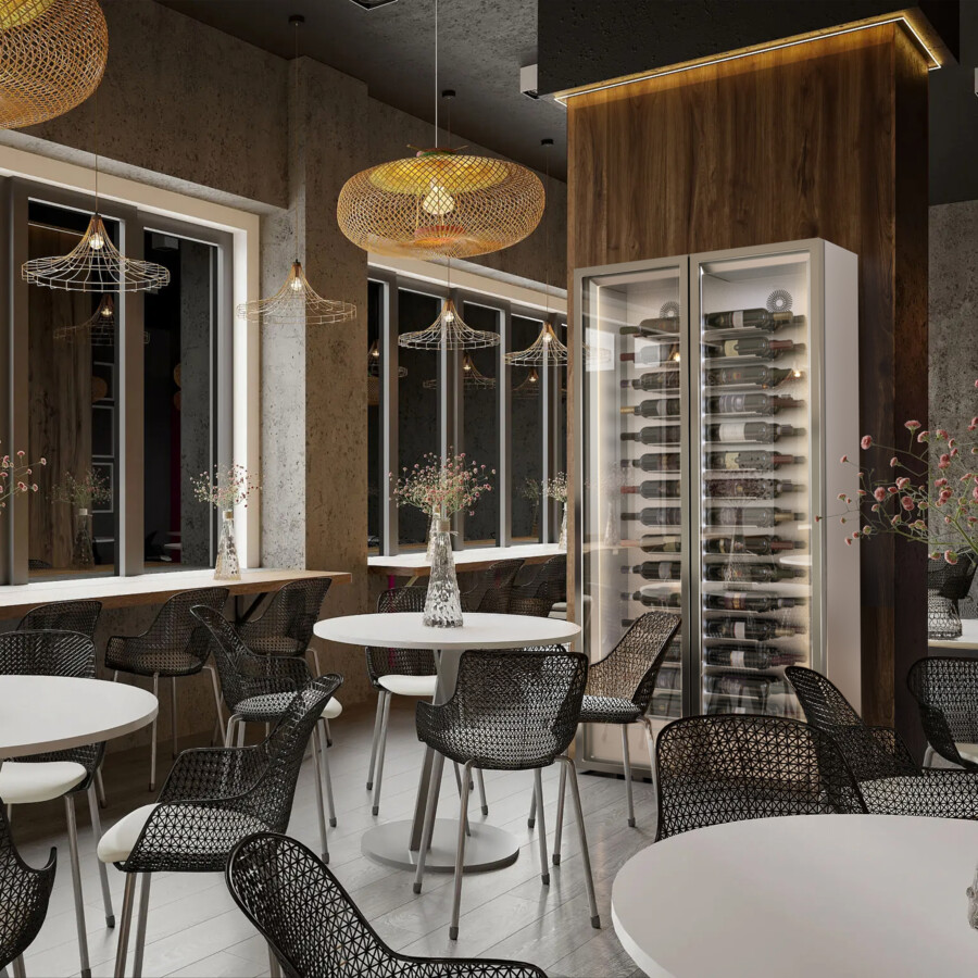 Weinkühlschrank mit edlen Weinen der in einem Restaurant steht, das modern und cool eingerichtet ist