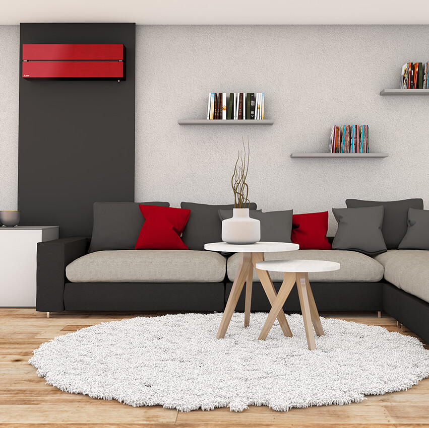 Wohnzimmer mit rotem Design Klimagerät